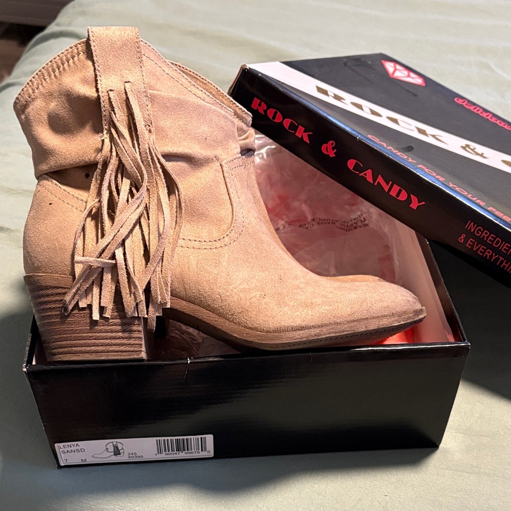 Rock & Candy Fringe Tan Ankle Booties
